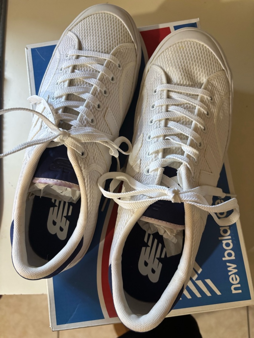 New Balance Men’s White Mesh Lace-Up Sneakers with Navy Accents